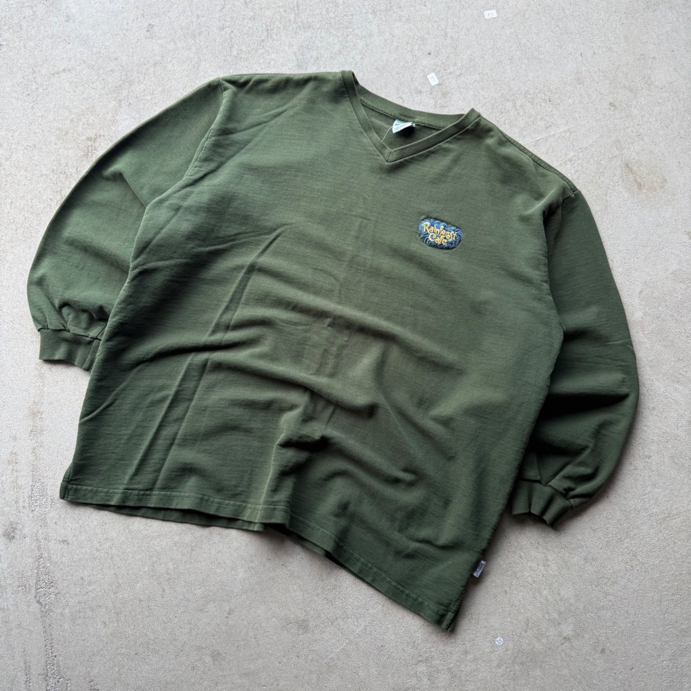 90s Mens Rainforest Cafe Embroidered V-Neck Long Sleeve‎ Shirt Vintage Green XL